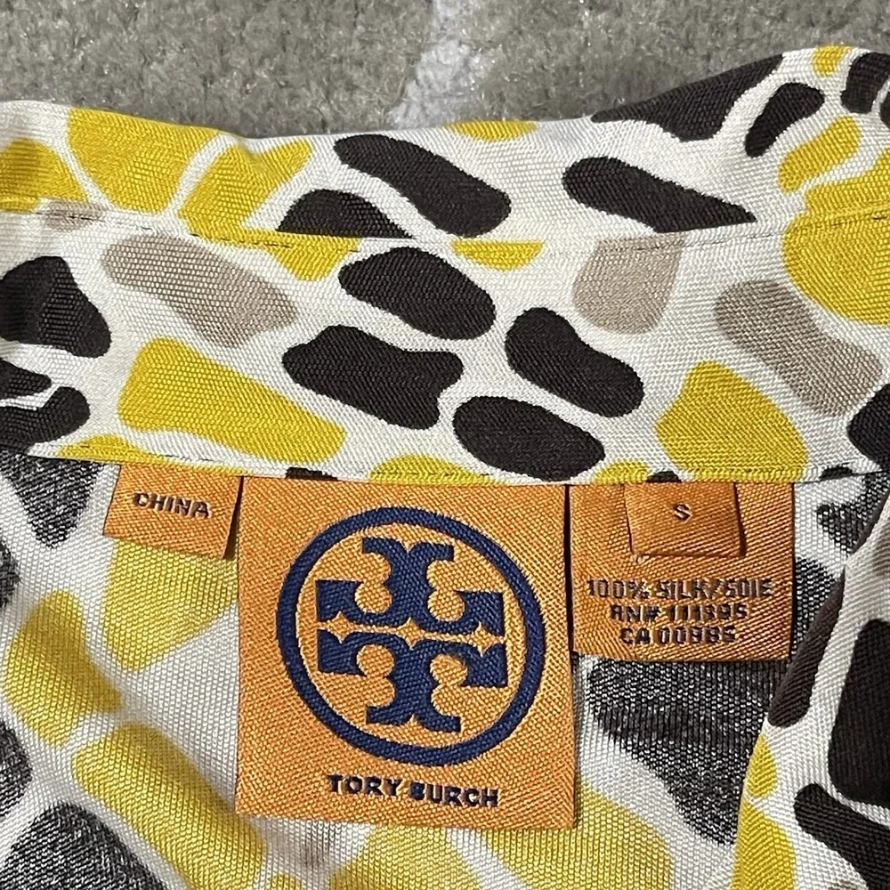 Tory Burch 100% Silk Dress Women Small Yellow‎ Geometric 3/4 Sleeve Button Knee
